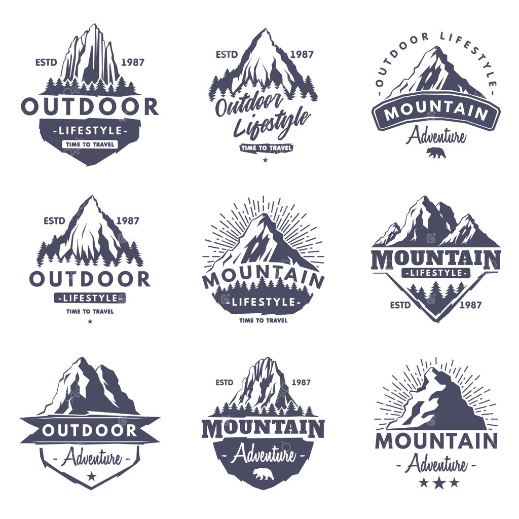 مجموعه وکتور لوگوی کوه و جنگل سیاه برای ماجراجویی در طبیعت و کوهنوردی
