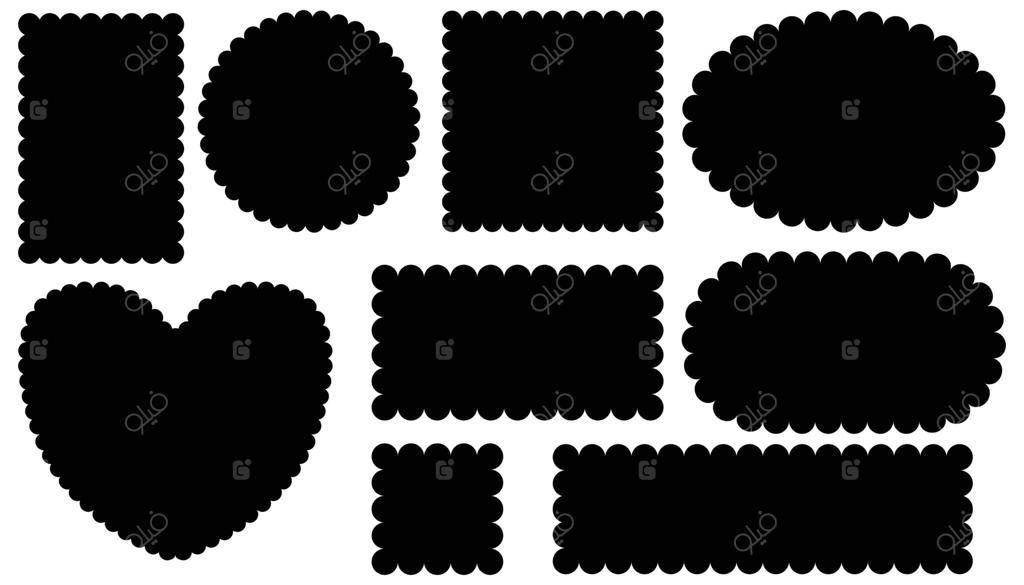 قاب‌های مشکی با لبه‌های موج‌دار روی زمینه سفید. برچسب‌های ساده با حاشیه‌های زیگزاگی. شکل‌های نشان‌های موج‌دار