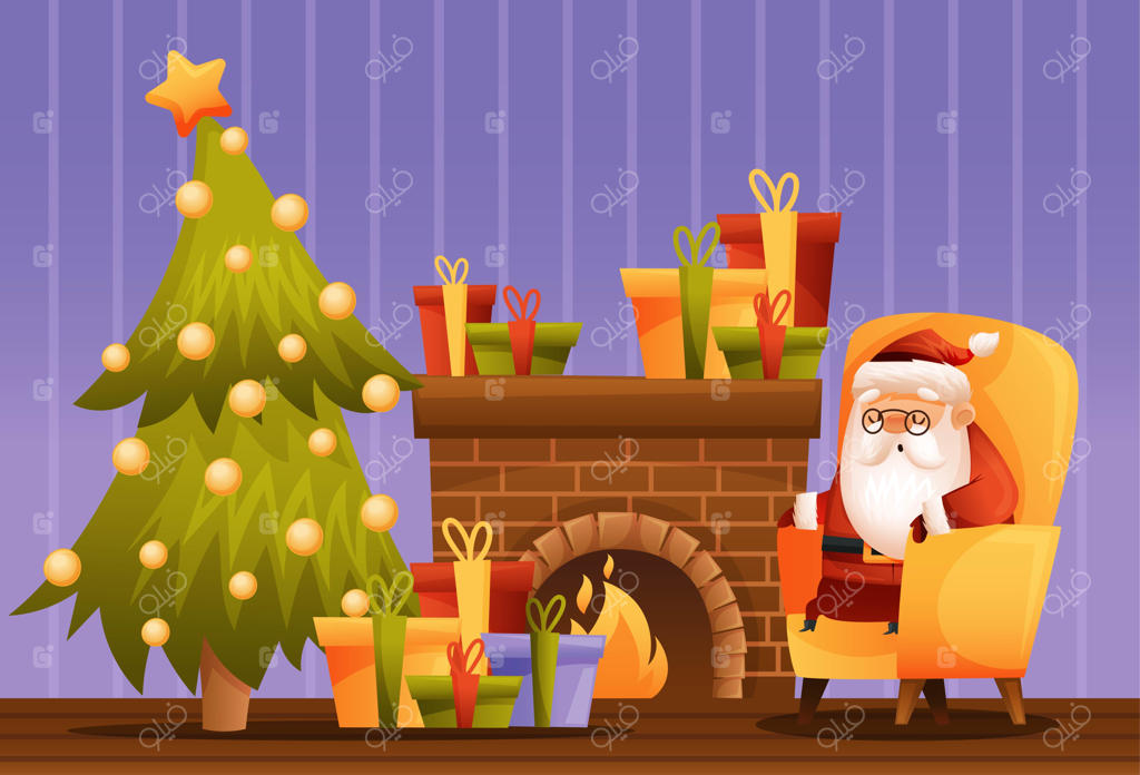 پست با بابا نوئل در خانه: درخت کریسمس، هدایا، شومینه و چراغ‌ها. پس‌زمینه کریسمسی