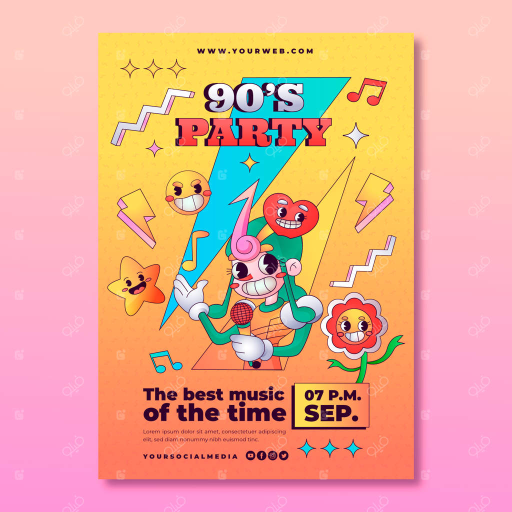 پترن پوستر عمودی جشن کارتونی دهه ۹۰ با طراحی گرادیان
