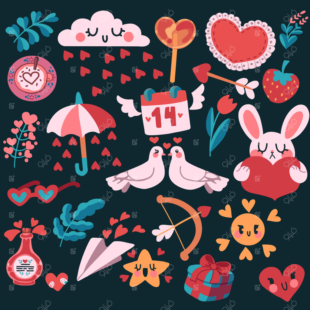 مجموعه‌ای از عناصر وکتور برای طراحی روز ولنتاین یا عروسی: آیکون‌های مسطح با تصویر کبوترها، قلب‌ها، ابرها، قهوه، خورشید، تیر و کمان کوپید، هدیه، معجون عشق، گیاهان، توت‌فرنگی و خرگوش.