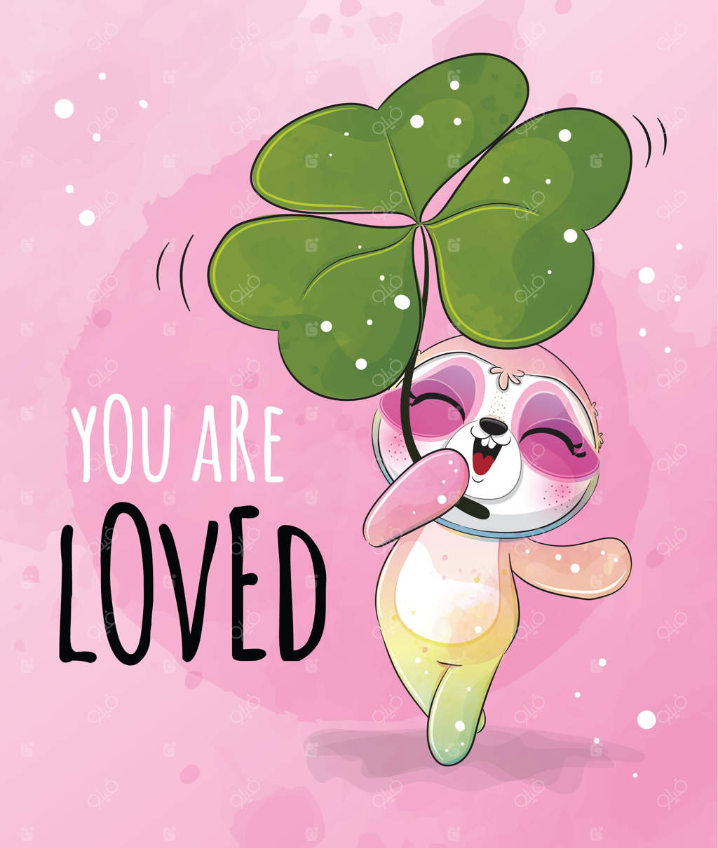 تصویر بامزه از تنبل کوچک با شبدر - شخصیت تنبل آبرنگی بامزه