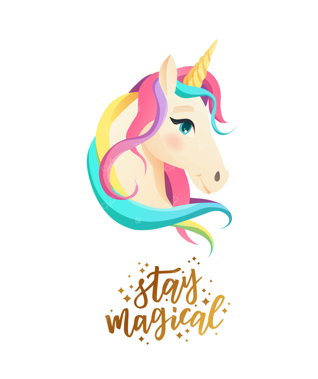 چهره بامزه اسب تک‌شاخ به سبک ساده با متن "جادویی بمان"