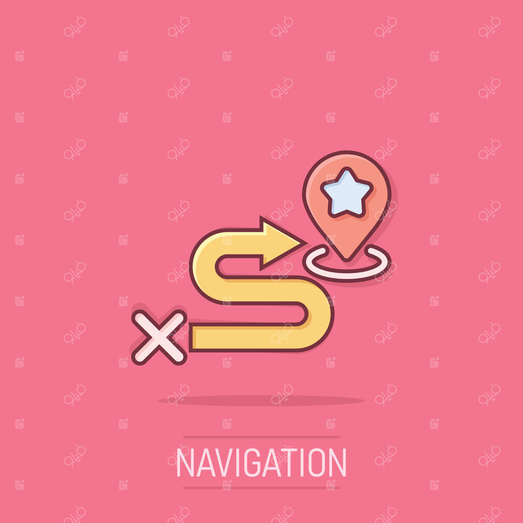 آیکون پین نقشه به سبک کمیک: تصویرسازی کارتونی از جهت‌یابی GPS برای زمینه‌های جدا. مفهوم کسب‌وکار با افکت جالب برای تعیین موقعیت.