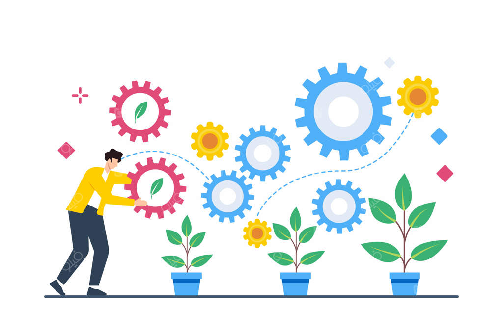 تصویر ساده از فردی که در باغی به شکل چرخ‌دنده بذر می‌کارد، نماد رشد پایدار و بهره‌وری