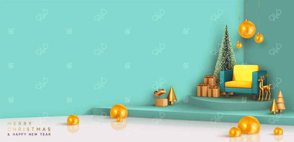 طراحی داخلی استودیو مدرن کریسمس با نصب واقعی و درخشان. ترکیب سه‌بعدی وکتوری صحنه جشن کریسمس. صندلی درخت کریسمس، جعبه هدیه، تزئینات و توپک‌های دکور. دیوارهای آبی و کف سفید