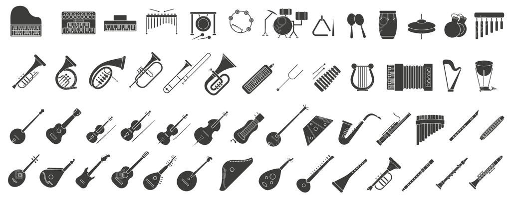 مجموعه ساده‌ای از سازهای موسیقی تیره و توخالی؛ تصاویر انواع سازهای موسیقی