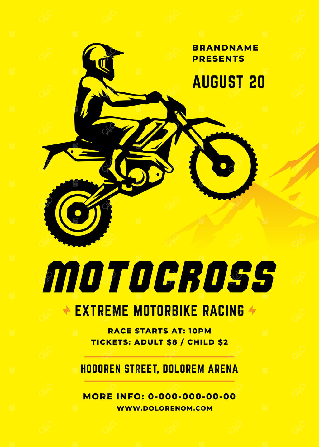 پوستر یا بروشور موتوکراس: طراحی تایپوگرافی مدرن با تصویر سیلوئت موتورسوار و موتور آفرود.