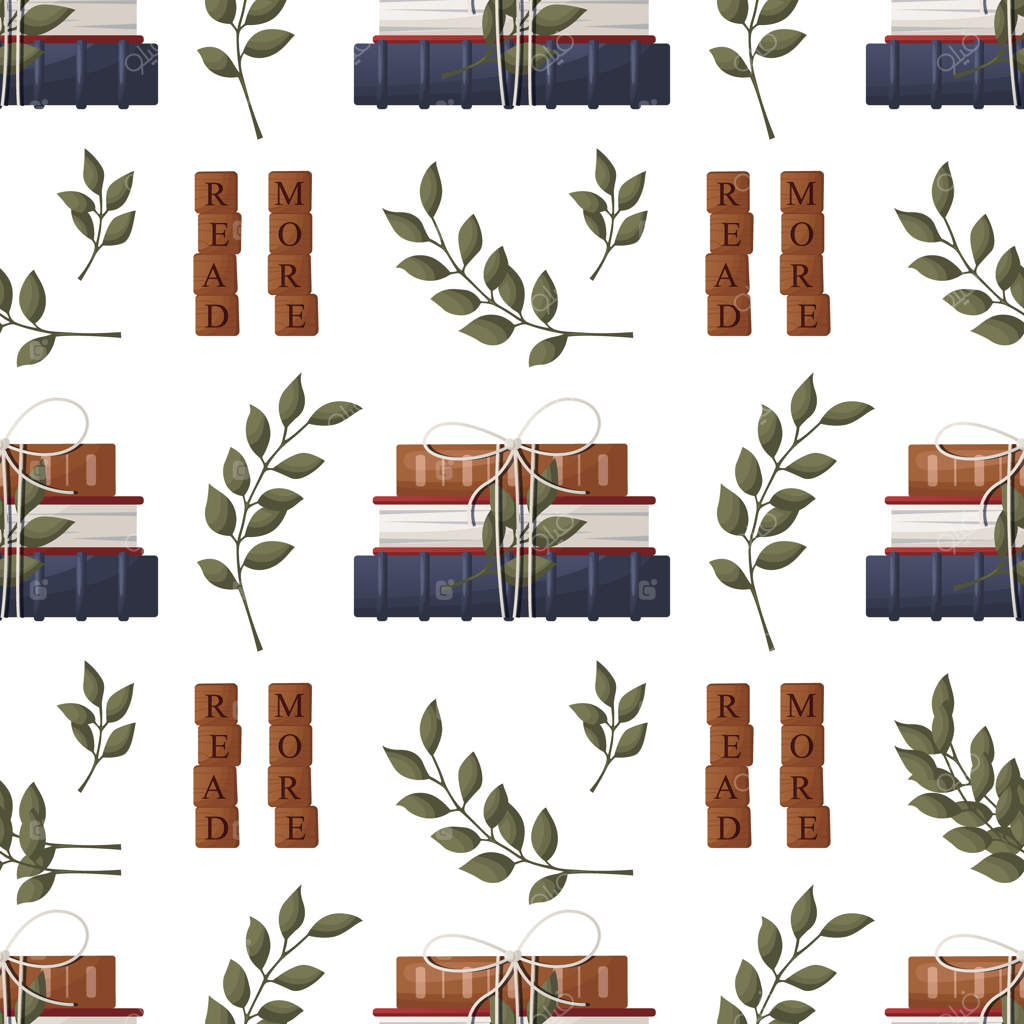 پترن یکپارچه با انبوهی از کتاب‌ها، پر و روبان - انباشت کتاب‌های مدرسه - انبار کتاب - کتابفروشی