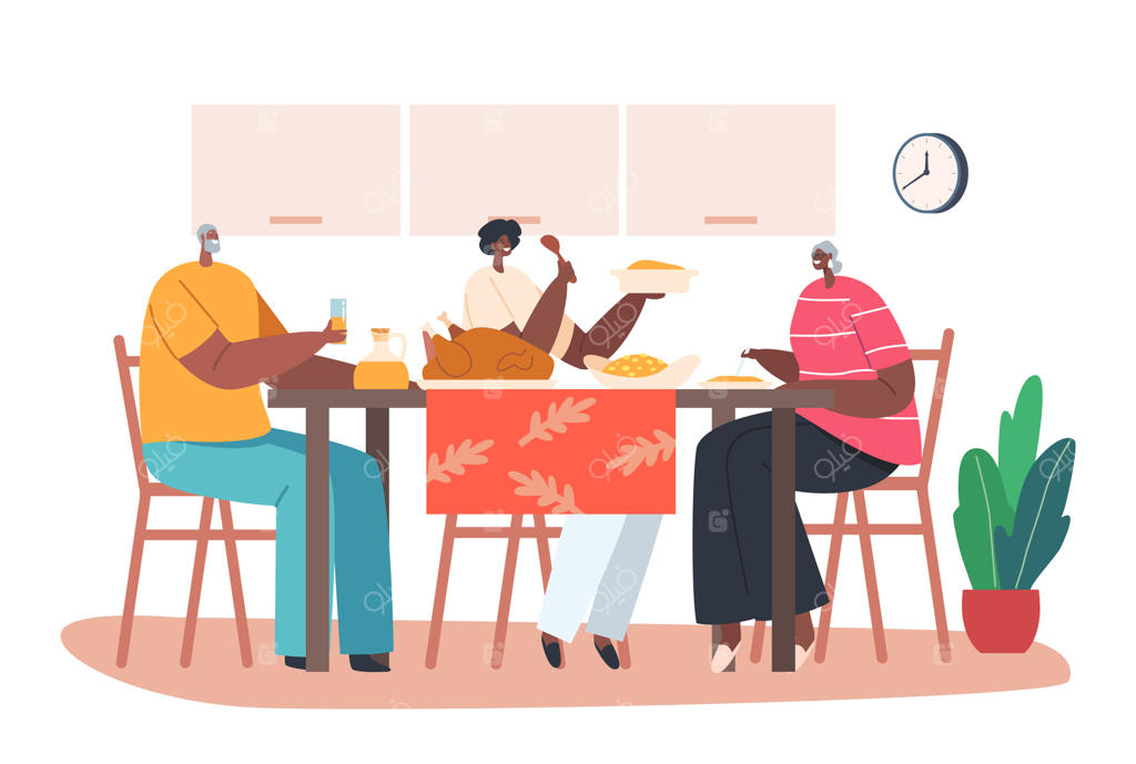 شخصیت‌های خانواده آفریقایی جوان و بزرگ‌سال در حال نوشیدن و صحبت دور میز خانه