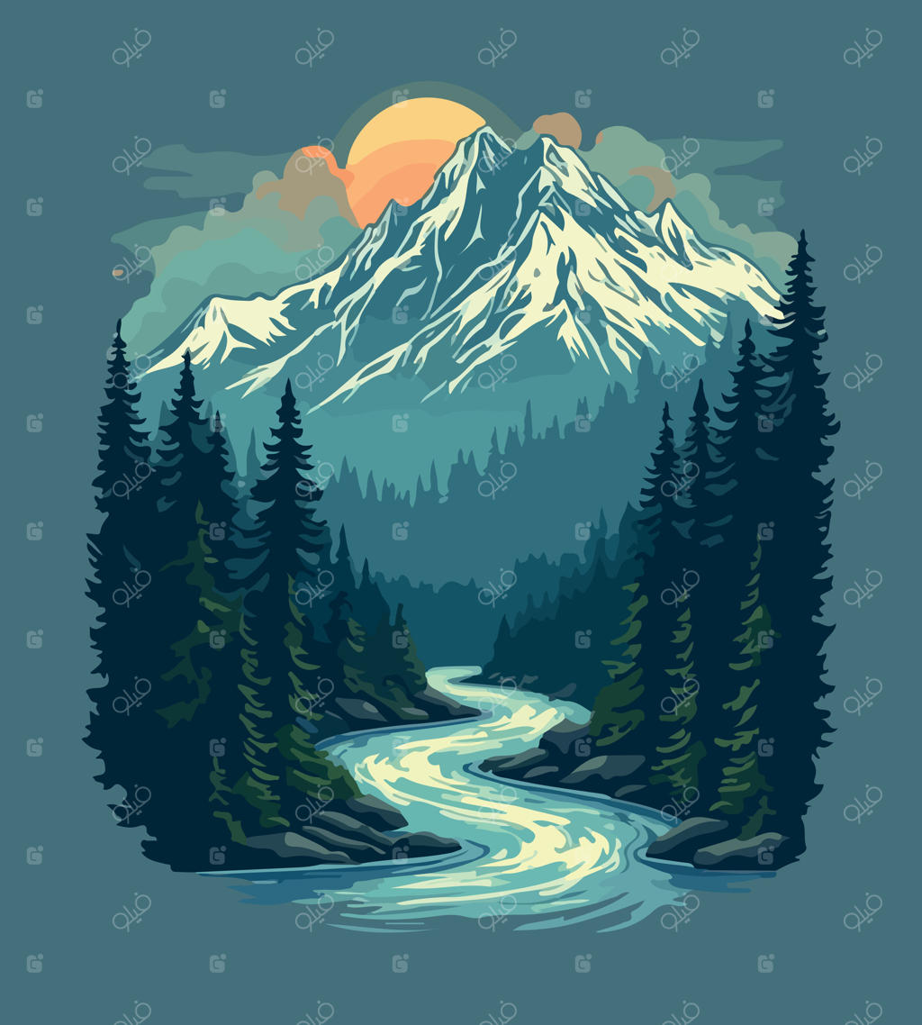 تصویرسازی ادوبی ایلوستریتور از رودخانه جاری در جنگل با ماه کامل و کوهستان در پس‌زمینه