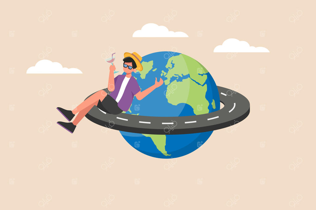 گردشگر جوان خوشحال با کلاه آماده سفر به دور دنیا - مفهوم روز جهانی گردشگری - تصویرسازی فلت کارتونی رنگارنگ