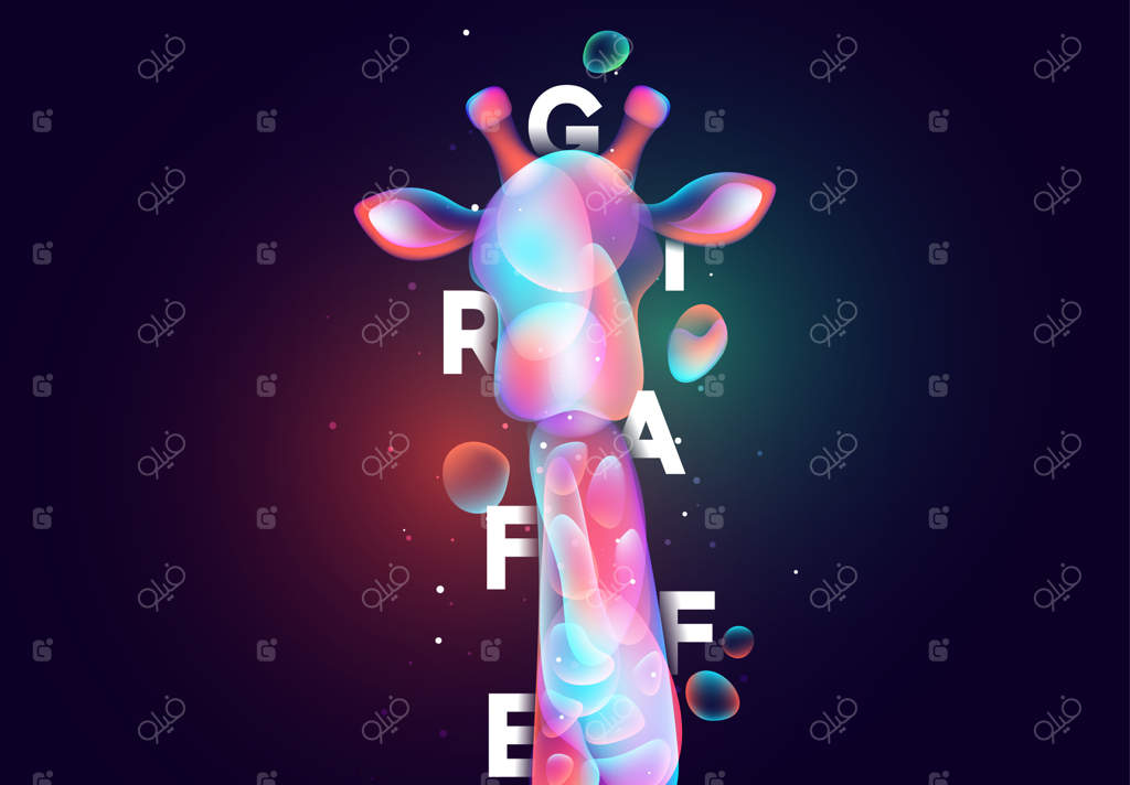 پوستر هنری چهره زرافه: پرتره انتزاعی و نئونی از حیوان وحشی زرافه. پوستر و بنر با گرادیانت. تصویرسازی وکتور.