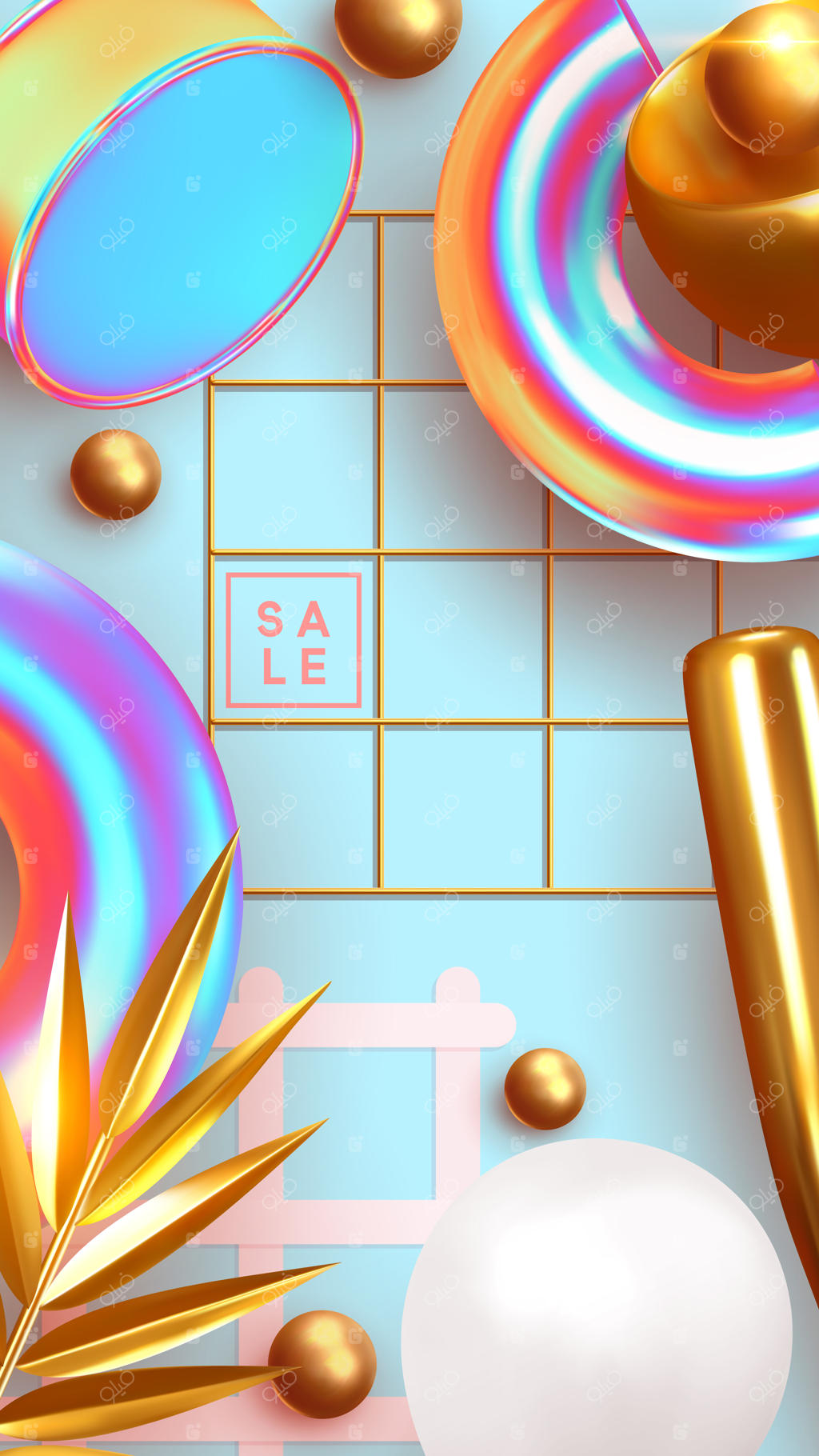 پس‌زمینه انتزاعی و مینیمال خلاقانه - طراحی واقع‌گرایانه با اشیاء سه‌بعدی از اشکال مختلف، برگ‌های نخل طلایی، کره و توپ مدور، الگو با اشکال هندسی. پوستر و بنر، تصویرسازی وکتور.