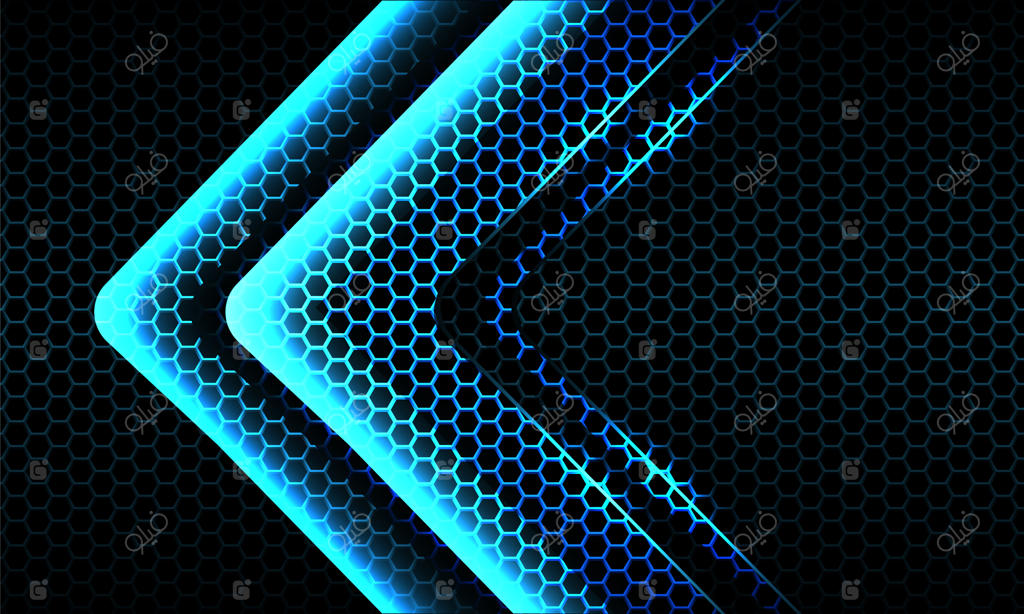 فلش های نئونی آبی دوقلو با نور درخشان روی پس‌زمینه مشبک تاریک شش‌ضلعی