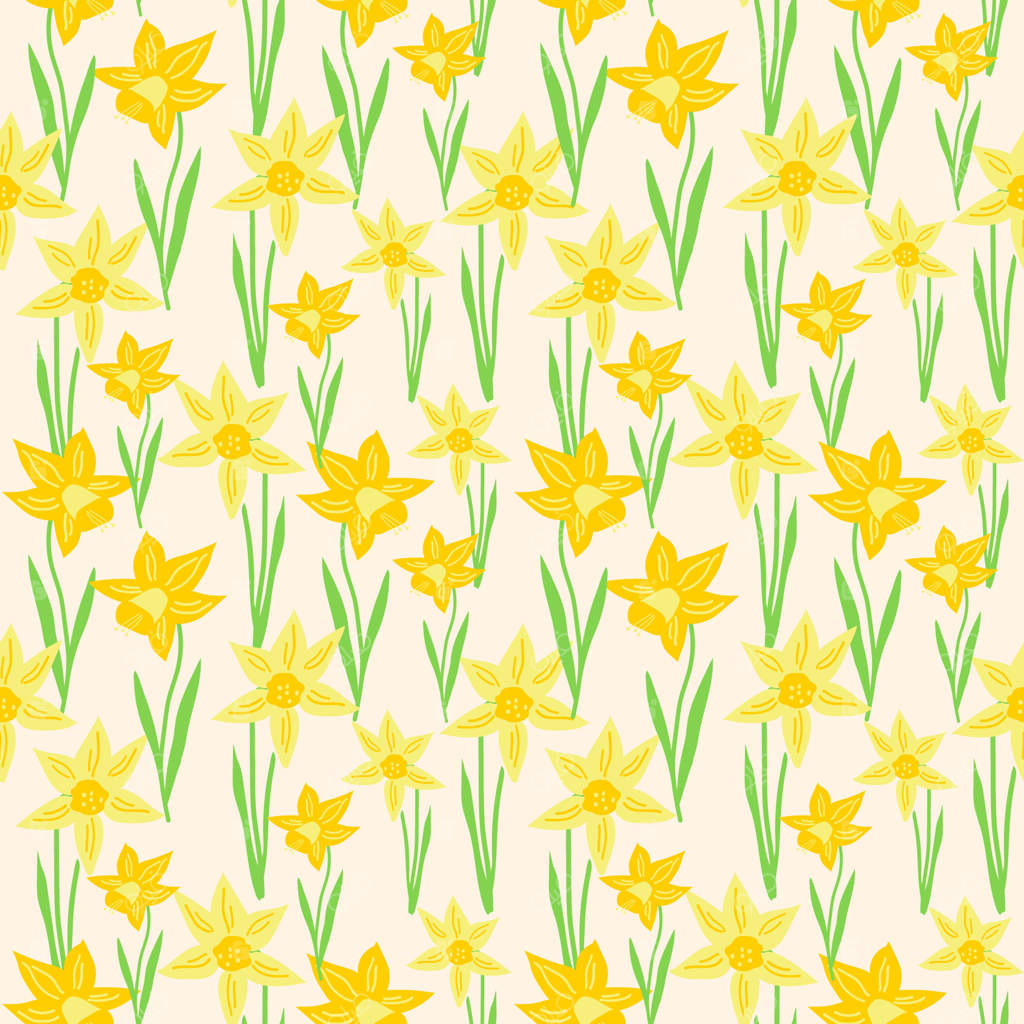 شکوفه‌های نخستین بهار در باغ: نرگس زرد، طرح پیوسته دستی بر روی زمینه بژ.