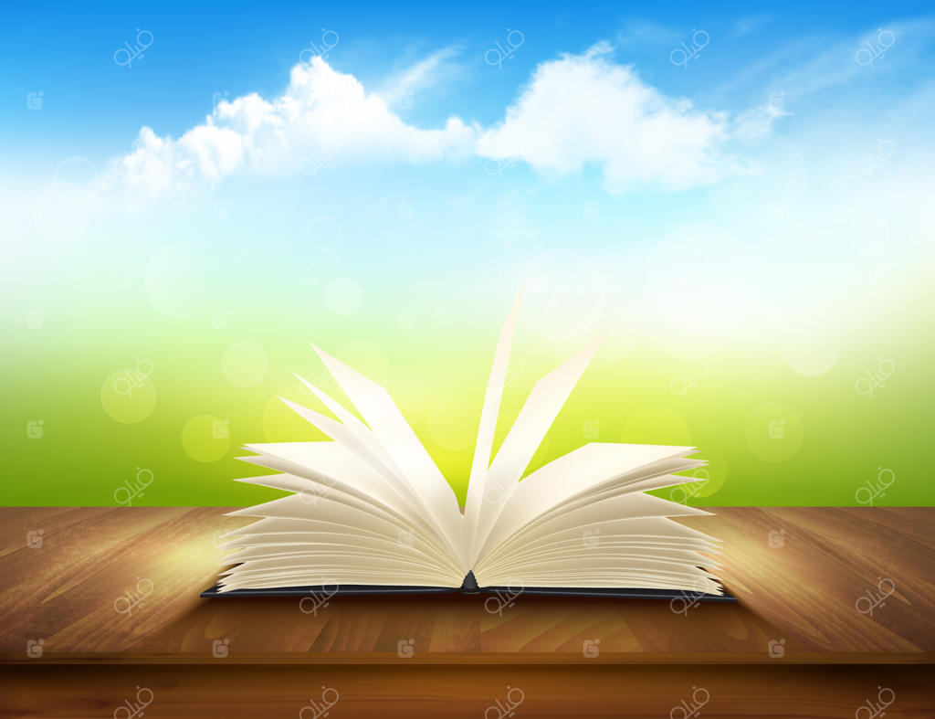کتاب باز روی سطح چوبی با پس‌زمینه سبز و آبی
