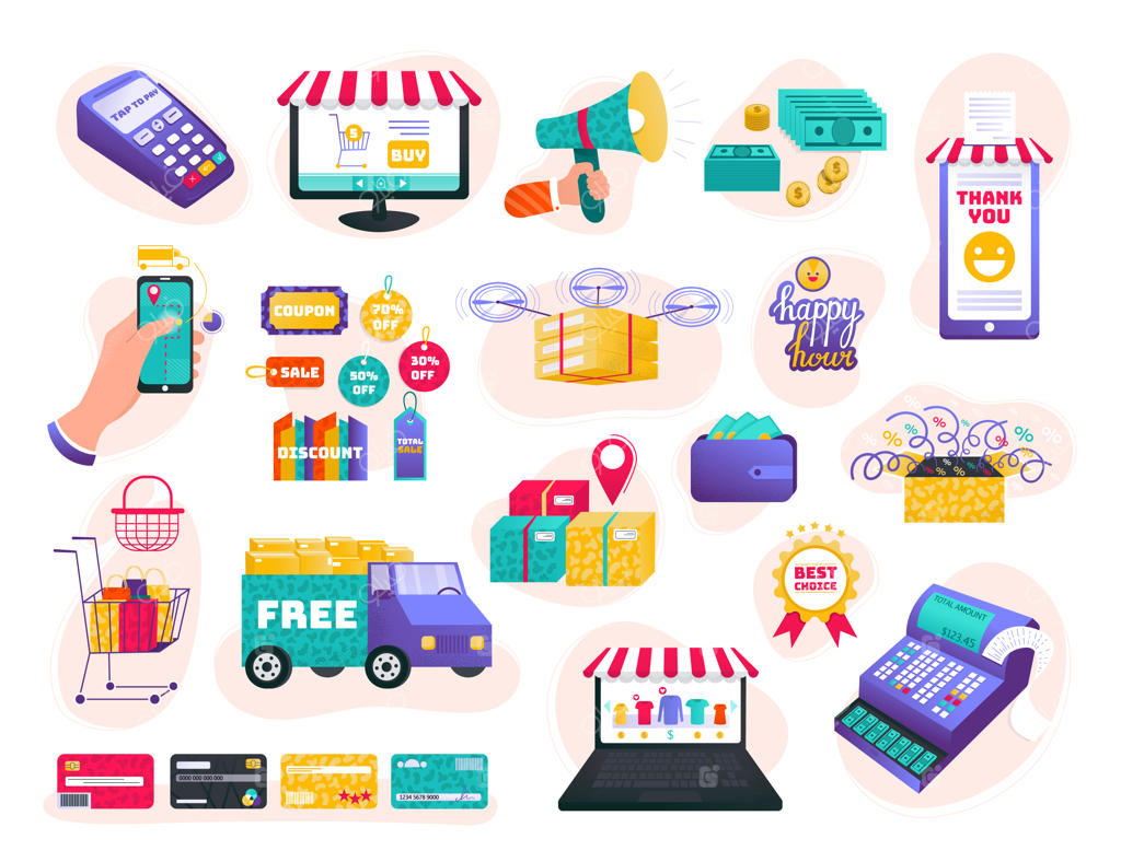 فروشگاه آنلاین، مجموعه‌ای از تصاویر تجارت الکترونیک، خرید کالا با دست کارتونی انسان، آیکون‌های رابط کاربری فروشگاه وب روی زمینه سفید