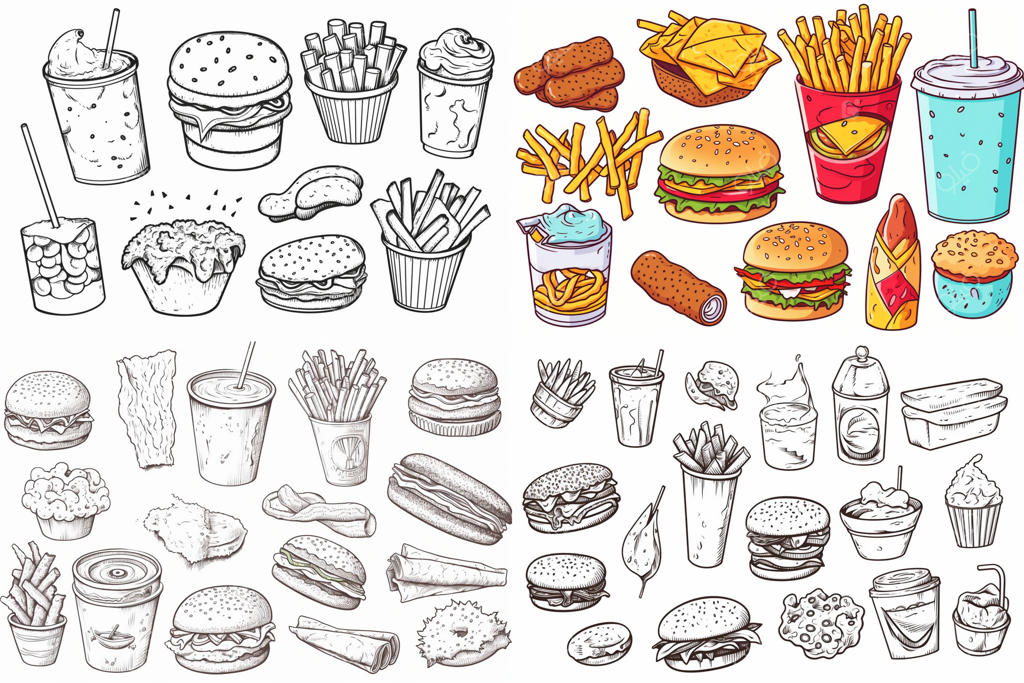 نقاشی همبرگر و سیب‌زمینی سرخ‌کرده با نوشته فست‌فود