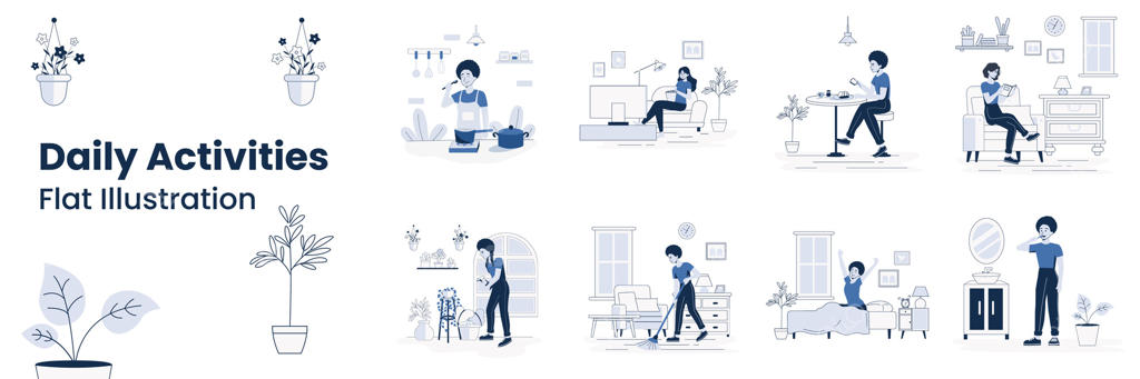 فعالیت‌های روزمره به صورت تصویرسازی تخت: زنی در آشپزخانه غذا می‌پزد، دندان‌هایش را مسواک می‌زند، روی مبل کتاب می‌خواند، کف خانه را جارو می‌زند، تلویزیون تماشا می‌کند، بیدار می‌شود، صبحانه می‌خورد، باغبانی که گیاهانش را آب می‌دهد.