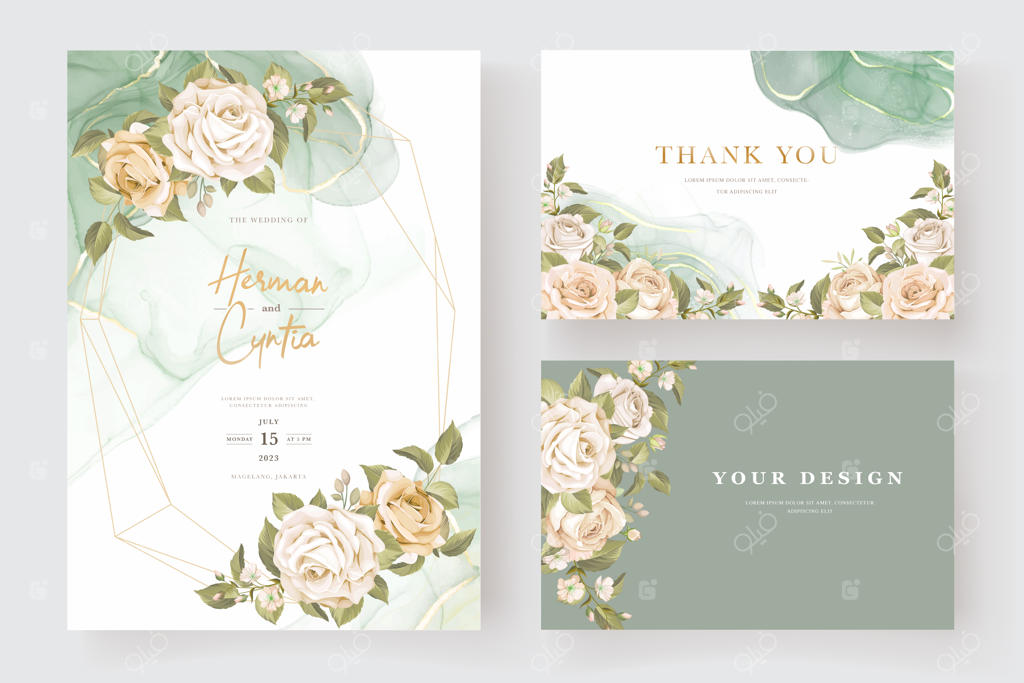 ست کارت دعوت عروسی با طرح زیبا و دستی از گل‌های رز