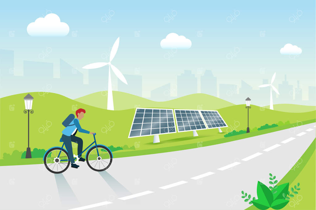 مردی سوار بر دوچرخه با پس‌زمینه پنل‌های خورشیدی و توربین‌های بادی - انرژی سبز و پاک تجدیدپذیر