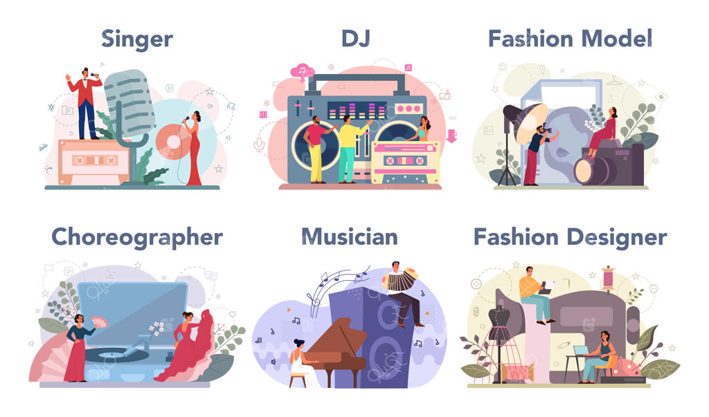 مجموعه‌ای از شغل‌های خلاق: طراح مد، دی‌جی در حال کار، و رقصنده