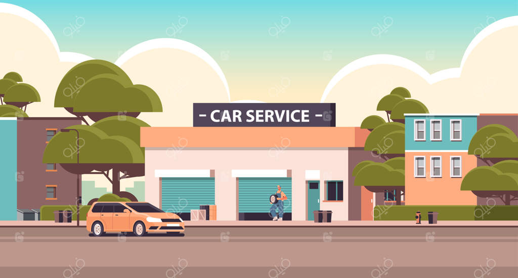 مفهوم خدمات تعمیر خودرو مکانیک در حال تعمیر لاستیک مردی که چرخ را تعمیر و تنظیم می‌کند ساختمان ایستگاه تعمیر و نگهداری افقی تصویر برداری