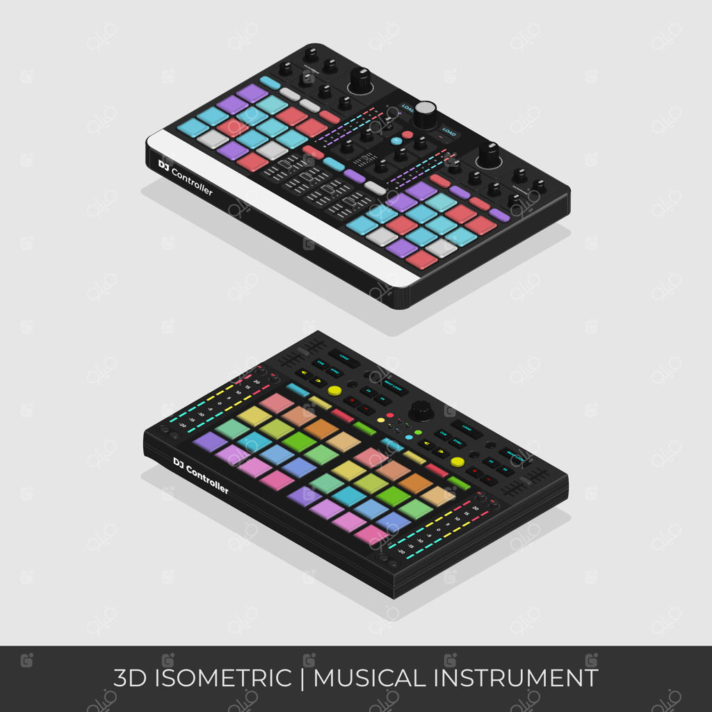 ست کنترلر دی‌جی سه‌بعدی با طراحی ایزومتریک و نئون سفارشی‌شده