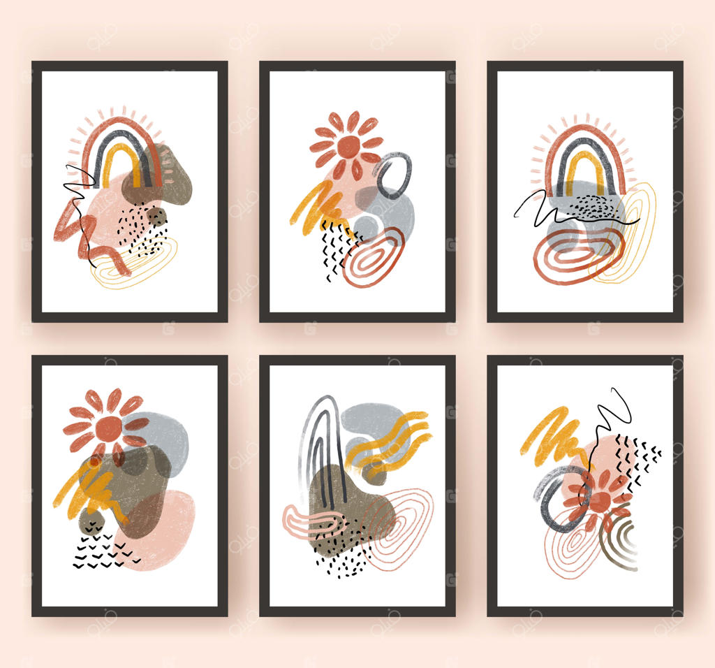 کلیپ‌آرت مدرن مینیمال با شکل‌های انتزاعی رنگین‌کمان و خورشید بوهو