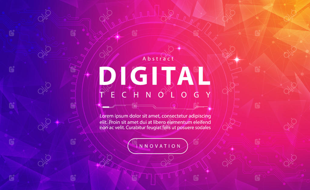 مفهوم فناوری دیجیتال با پس‌زمینه صورتی و نارنجی، اثر نورانی بنفش، فناوری انتزاعی، نوآوری و داده‌های آینده، شبکه اینترنت، هوش مصنوعی و داده‌های کلان، اتصال خطی و نقطه‌ای، بردار گرافیک‌های انتزاعی
