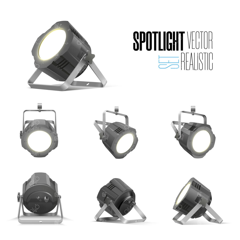 ست تجهیزات نورپردازی برای مصاحبه، مسابقه یا غرفه نمایشگاه؛ شامل نورافکن‌های زمینی و پروژکتورهای آویز؛ مجموعه لامپ‌های نورافکن در زوایای دید مختلف