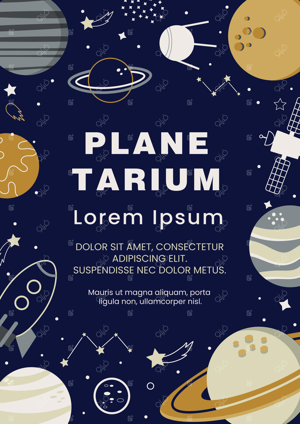 پوستر رویداد، کلاس، گردش علمی، نمایشگاه و جشنواره در موزه علوم و آسمان‌نما؛ قالب بنر و پوستر تبلیغاتی با طرح سیارات، ماهواره‌ها و ستارگان