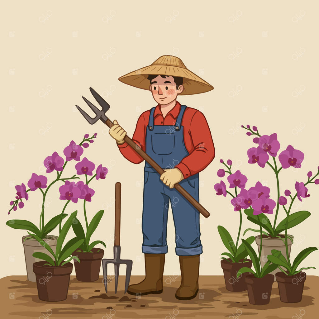 کشاورز کارتونی در حال مراقبت از ارکیده‌های بنفش در گلخانه با استفاده از چنگک باغبانی (وکتور)