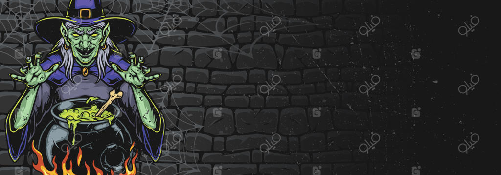 بنر پس‌زمینه وینتیج هالووین با جادوگر ترسناک و دیگ جادویی در مقابل دیوار تاریک - تصویر برداری