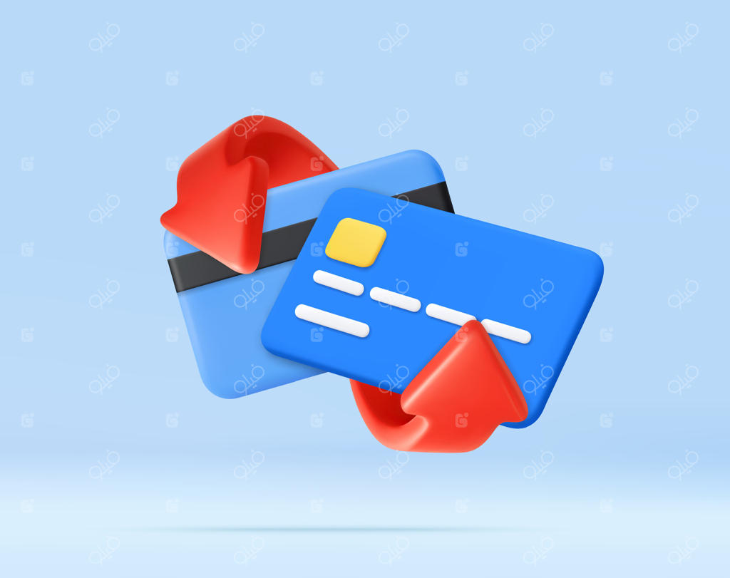 تبادل کارت اعتباری سه‌بعدی با آیکون فلش‌های قرمز