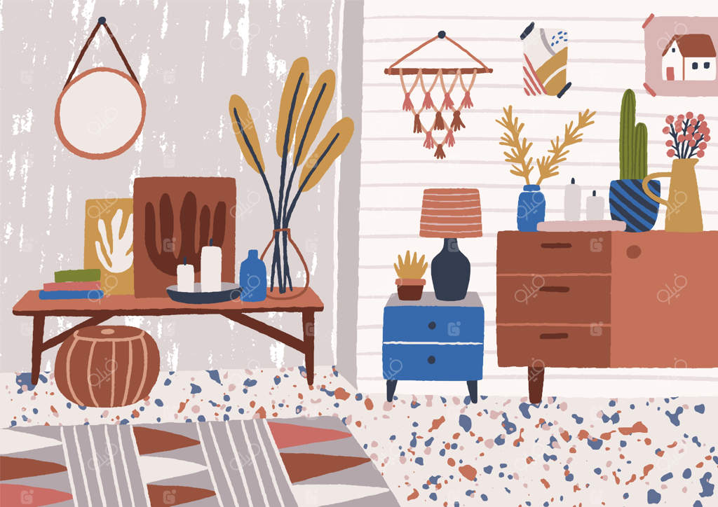 طراحی شیک اتاق نشیمن با میز قهوه، بوفه، گیاهان گلدانی، آباژور و دکورهای خانه. آپارتمان راحت و دنج با سبک مدرن اسکاندیناوی هیگه. تصویرسازی وکتور.