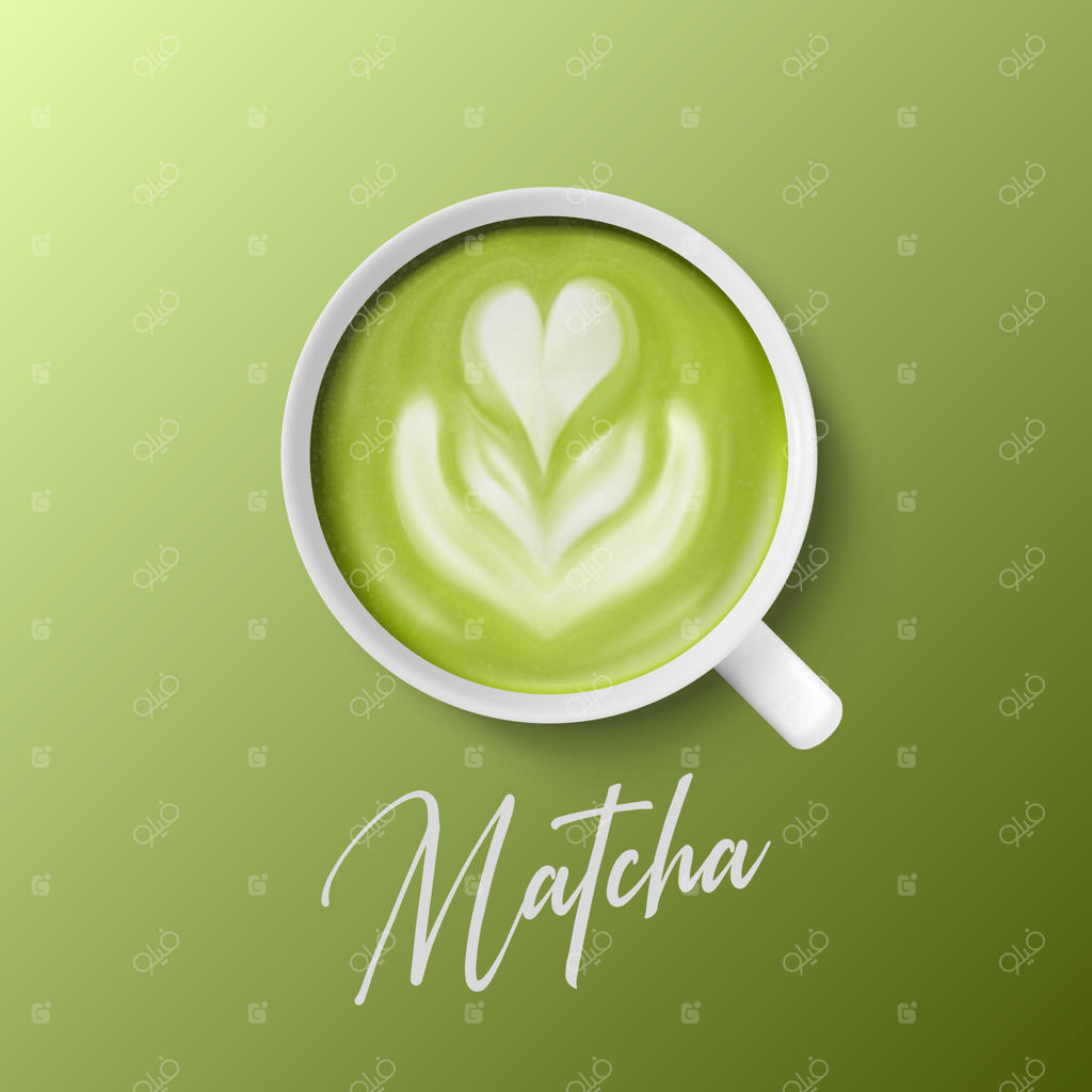 طرح سه‌بعدی و واقعی ماگ سرامیکی سفید: نمای نزدیک فنجان چای ماچا با طرح قلبی در فوم شیر سبز بر روی زمینه سبز، نمای بالا