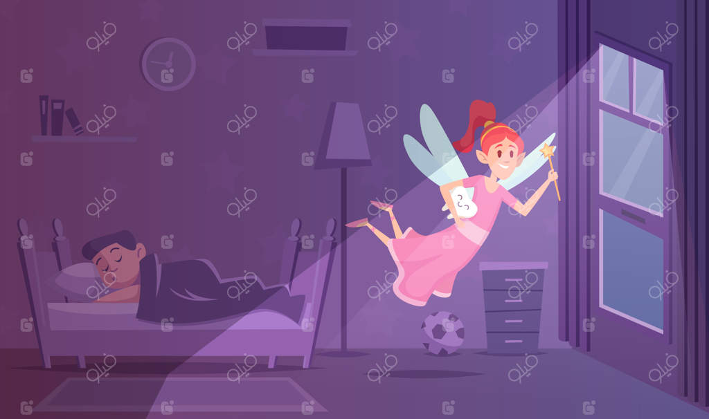 پس‌زمینه‌ی فانتزی پری دندان با شخصیت شاهزاده‌خانم کوچک: کارکتر دختر کوچکی با بال‌ها، تصویر کارتونی دقیق وکتور