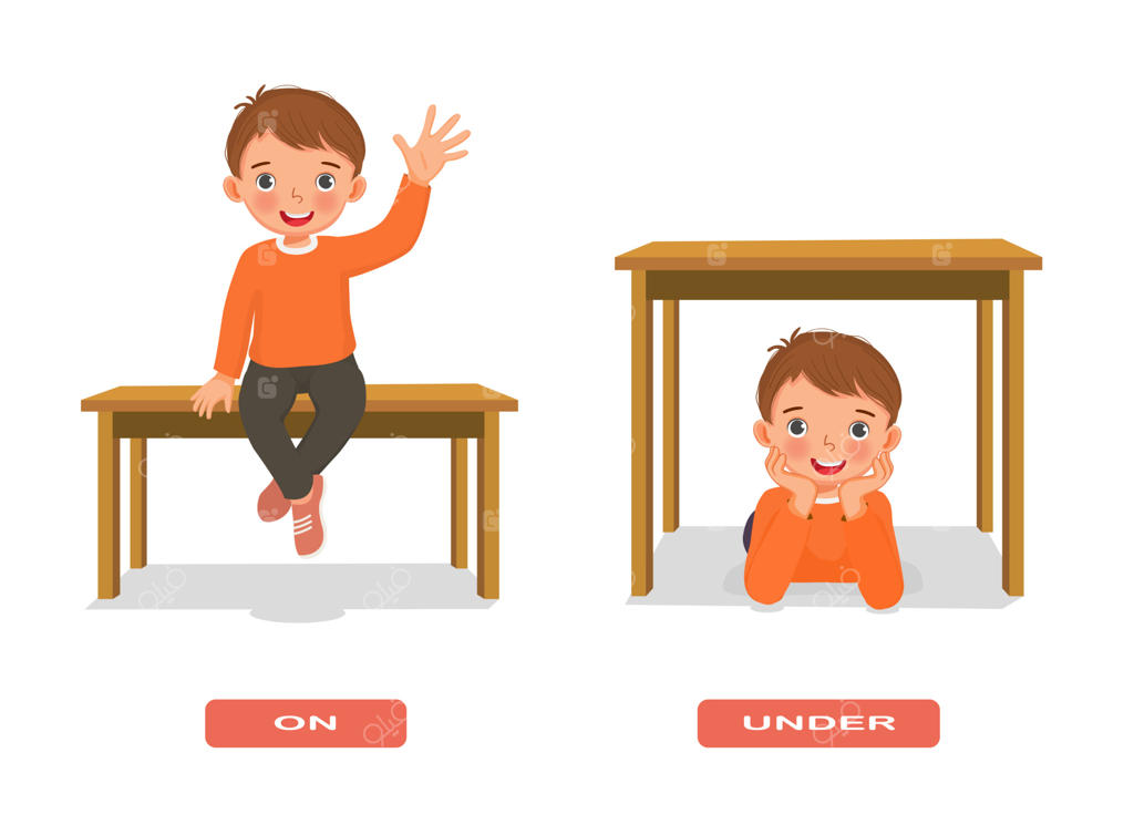 تصویرسازی حروف اضافه مکان، پسربچه نشسته روی و زیر میز؛ مجموعه فلش‌کارت آموزشی واژگان انگلیسی