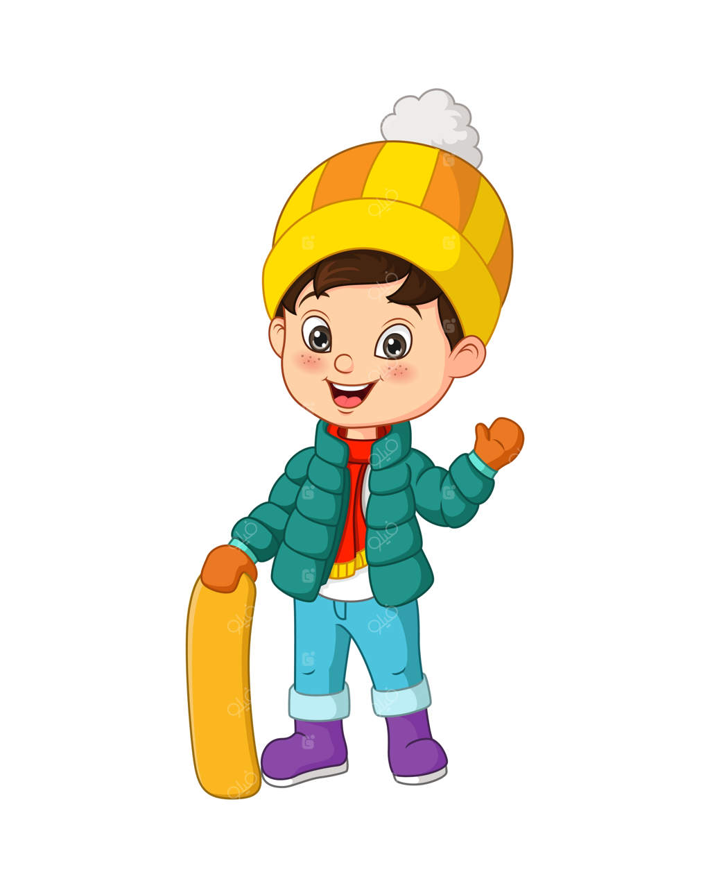 پسر بچه کارتونی بامزه با لباس زمستانی و اسنوبورد در حال دست تکان دادن