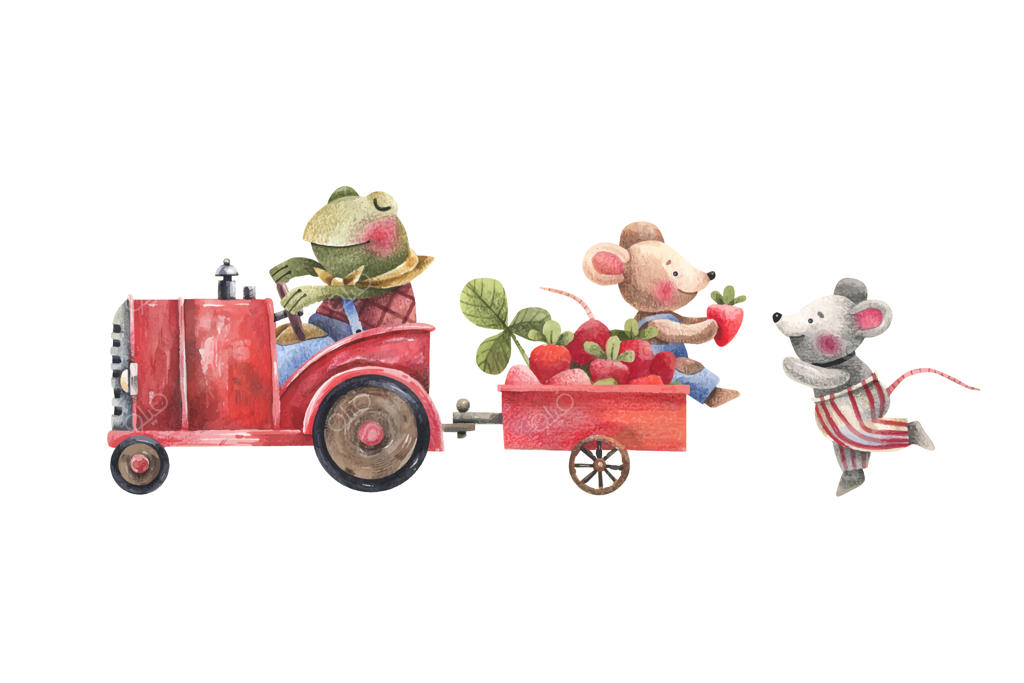 حیوانات کوچک دوست‌داشتنی روی تراکتور، در حال حمل برداشت توت‌فرنگی از مزرعه - به سبک کودکان