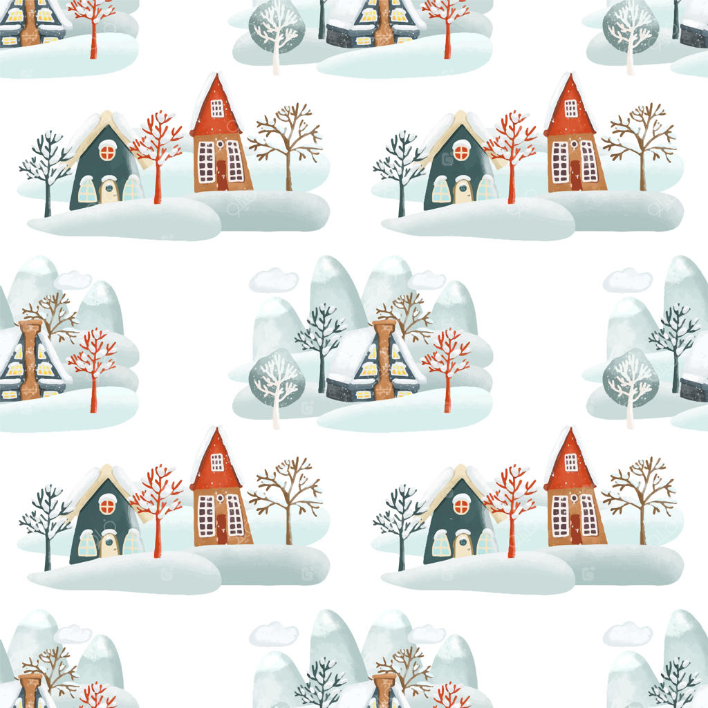 پترن یکپارچه خانه‌های زمستانی جذاب، درختان، کوه‌ها و توده‌های برفی