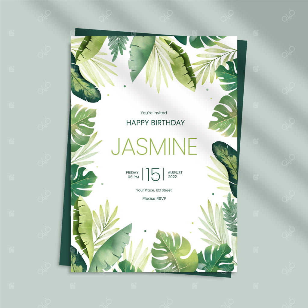 دعوت‌نامه جشن تولد با تم جنگل آبرنگی