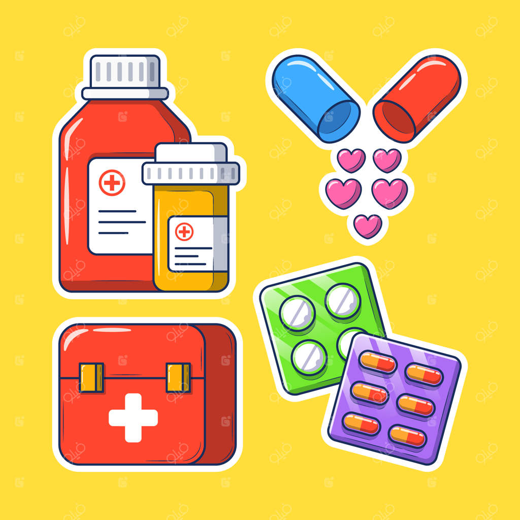 نقاشی کاریکاتوری دست‌کشیده آیکون‌های بهداشتی برای رنگ‌آمیزی برچسب‌ها