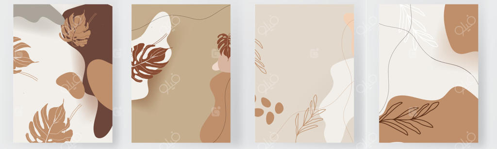 مجموعه پوستری هنر انتزاعی با طرح‌های استوایی، پوستر، بنر، شکل‌های مدرن در گرافیک، دکوراسیون هنر با برگ‌های طبیعی و طراحی چاپ صفحه وکتور برای هنرمندان و طراحان
