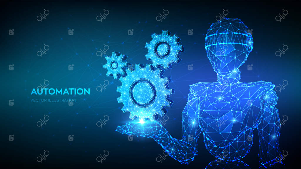 روبات سه‌بعدی با پلی‌گون کم در حال نگه‌داشتن چرخ‌دنده‌ها. نماد مهندسی تکنولوژی مکانیکی در دست.