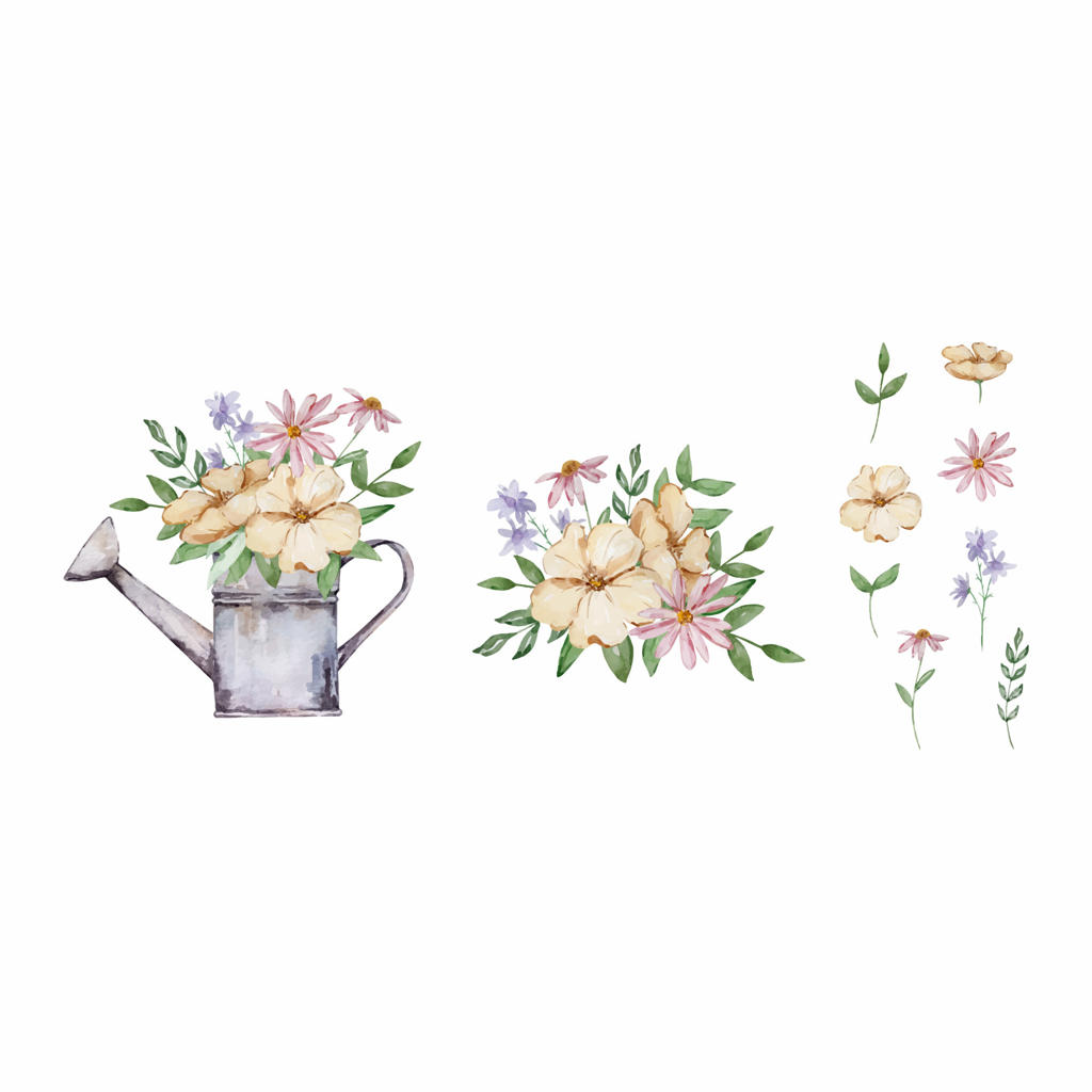 آب‌پاش آبرنگی با دسته گل‌های باغچه‌ای