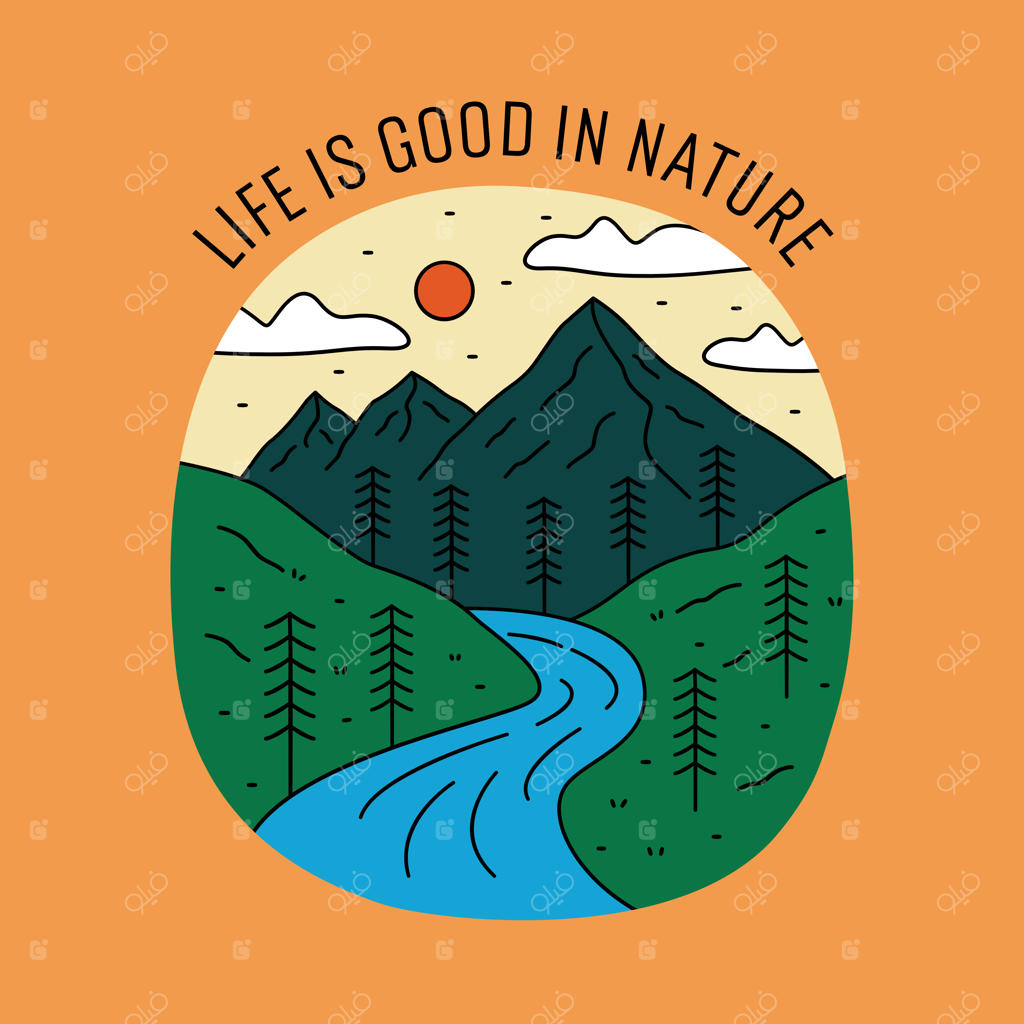 طراحی طبیعت کوهستانی با درختان و حیات‌وحش برای برچسب، تیشرت، نشان و ...