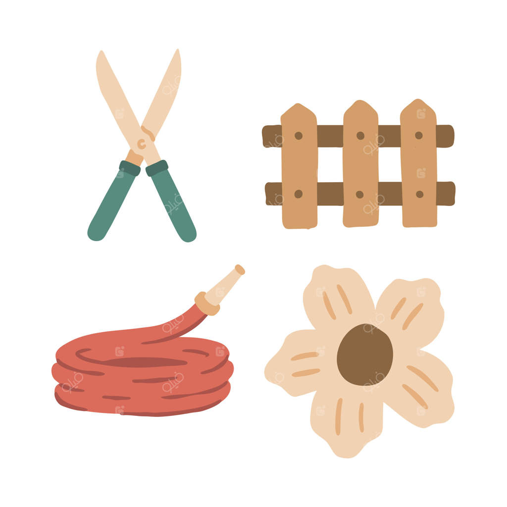 تصویرسازی دستی: قیچی پرچین، حصار، شیلنگ باغ و گل‌ها